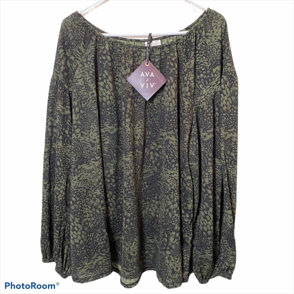 AVA & VIV LONG SLEEVE Abstract Print Fall Olive Green X NWT 14